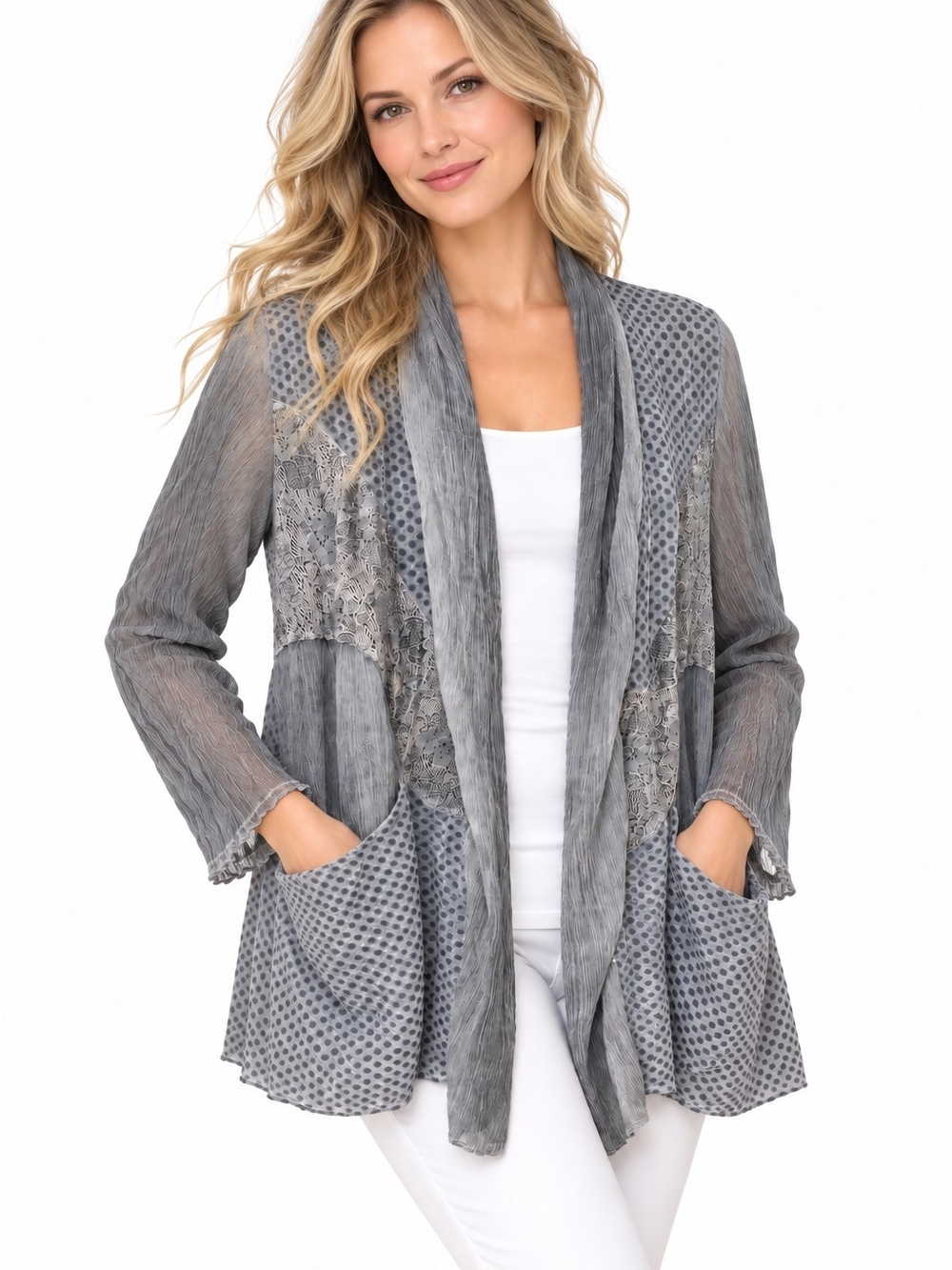 Chico’s Travelers Size 0 Small Gray Mixed Media Lagenlook Open Cardigan layering